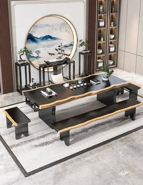 新中式禅意茶桌实木大板功夫茶台办公室泡简约轻奢椅组合14米桌1主椅4