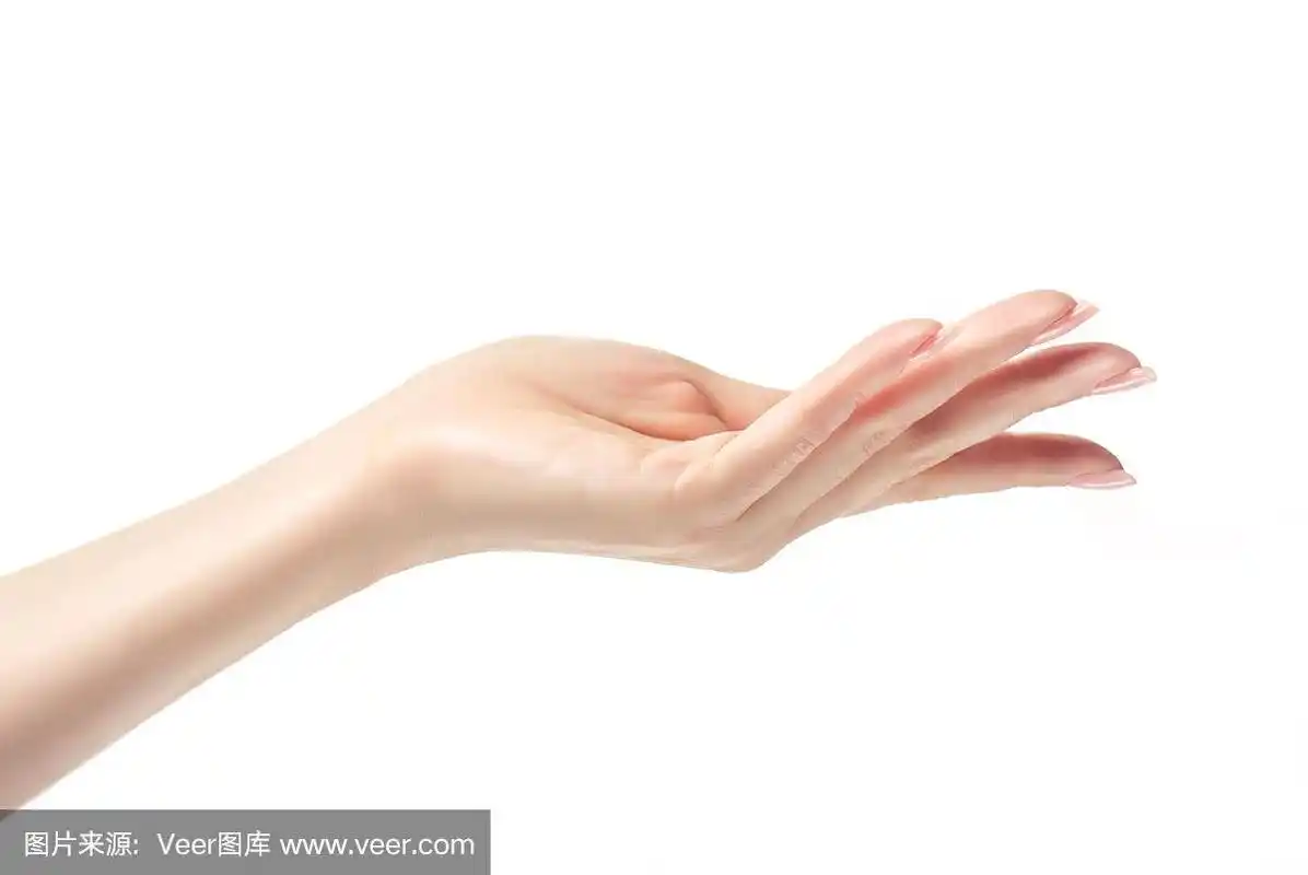 伸出手,或展示某物.美丽女人的手的特写图像.