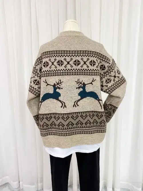 d341大版半高高领梅花鹿圣诞节套头毛衣拼接宽松毛衣