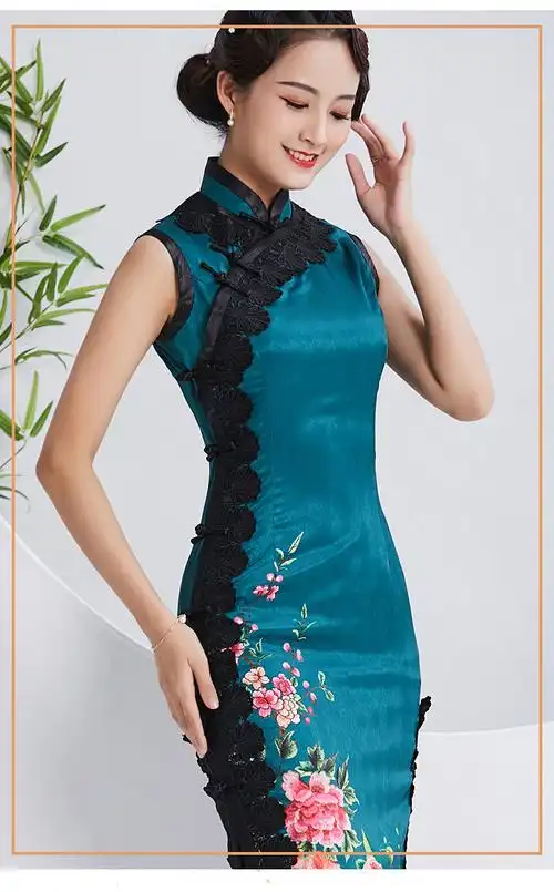 高档真丝无袖长旗袍改良时尚桑蚕丝连衣裙春名媛气质夏宴会旗袍礼服女