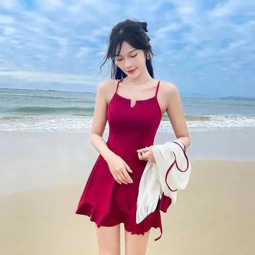 保守遮肚显瘦海边度假ins超仙温泉裙式游泳装显白酒红泳衣罩衫s7090斤