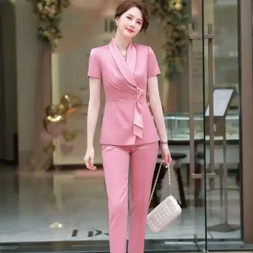 粉色西装套装女夏季短袖职业小西服高级感炸街主持人时尚垂坠正装