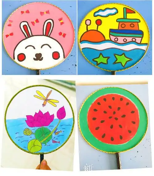 儿童白色手工圆扇子绘画扇画画手绘扇面画宫扇 带颜料 2支画笔 圆形原