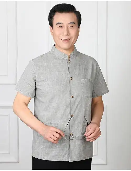 老头夏天穿的老爷爷短袖衬衣爸爸冰丝亚麻衬衫男中老年人上衣中国风