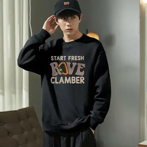 唐狮新款圆领卫衣男春秋季印花黑色无帽卫衣男士套头上衣潮牌