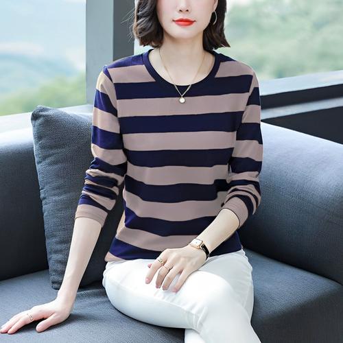 中年妈妈内搭打底衫长袖遮肚子条纹宽松显瘦上衣纯棉t恤女装大码