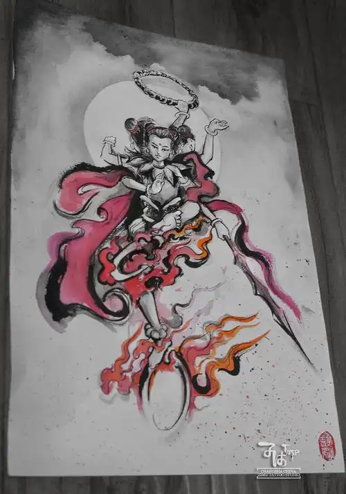 长沙子沐刺青纹身三头六臂原创毛笔哪吒水墨中国风手稿