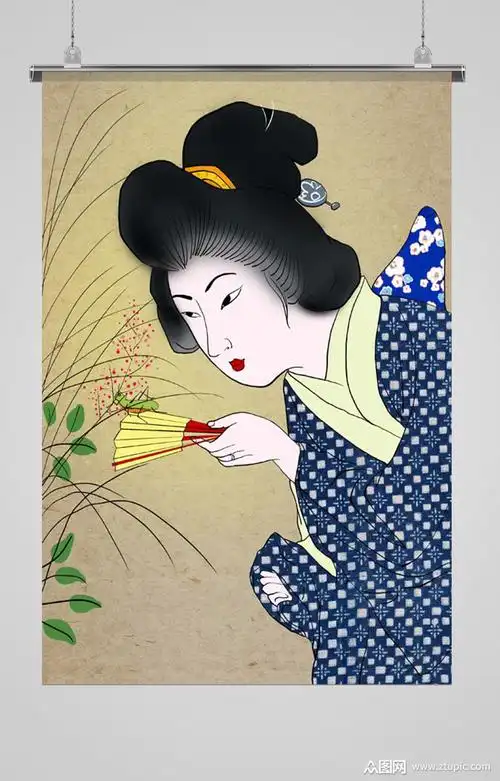 拿着扇子玩螳螂的仕女图日本艺伎花魁素材