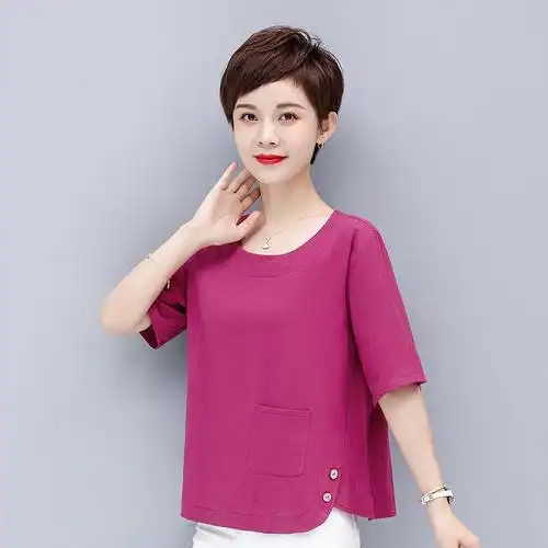 斯尔丽中年妈妈夏装棉麻t恤衫宽松中老年大码女装短袖上衣女