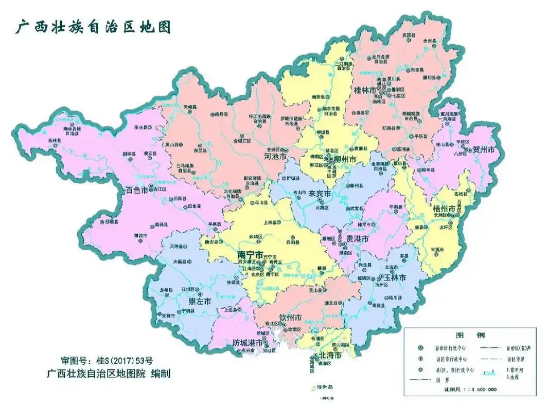 广西政区图 广西壮族自治区,简称"桂",省会南宁市,位于中国华南地区