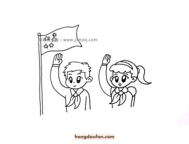 向国旗敬礼的两位小朋友手绘卡通简笔画大全-红豆饭小学生简笔画大全