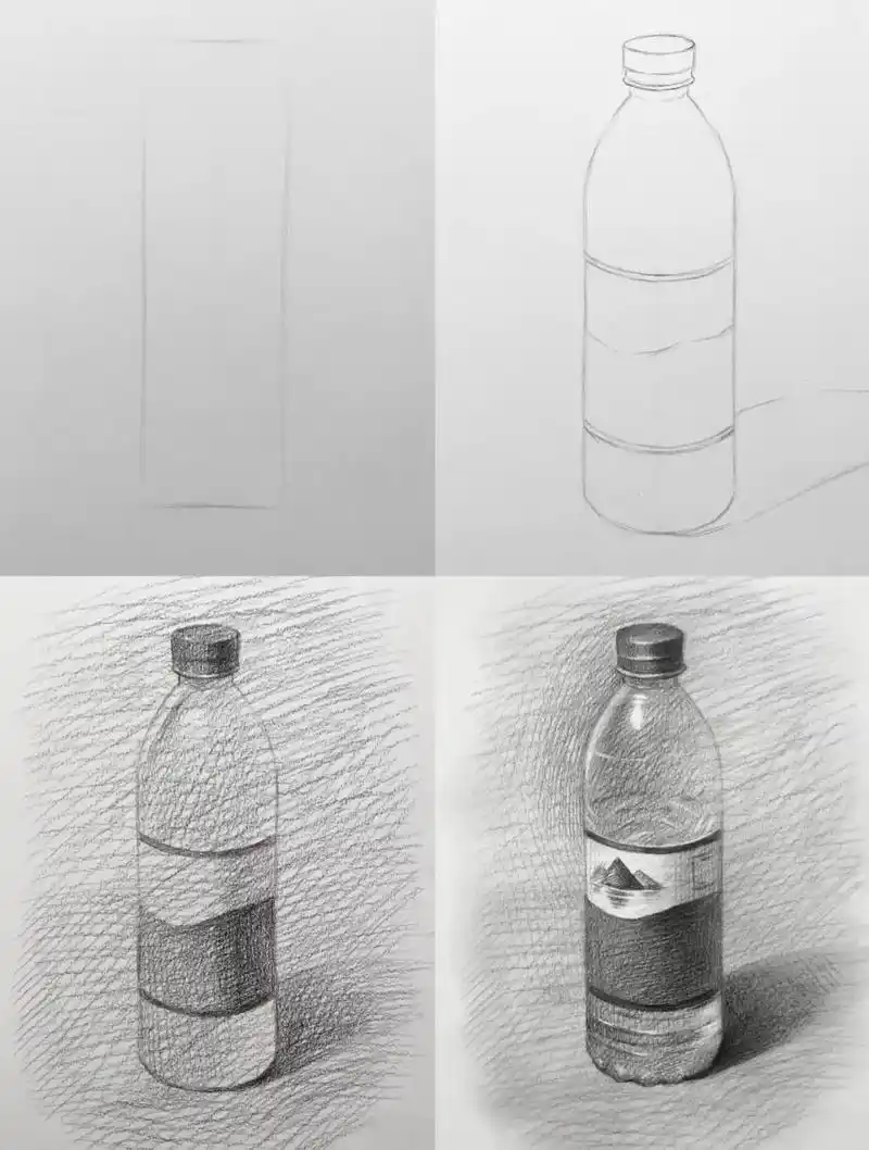 高分素描静物单体 矿泉水瓶画法步骤分享.via:画个sumi - 抖音