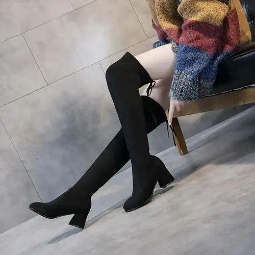 2021新款网红过膝靴粗跟高跟大码女鞋43骑士靴胖mm磨砂加绒瘦瘦靴