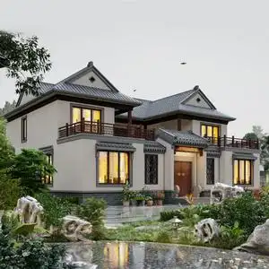 2214二层中式四合院设计图纸仿古建筑自建房新农村带庭院效果图