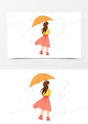 手绘卡通打伞的女孩背影免抠素材