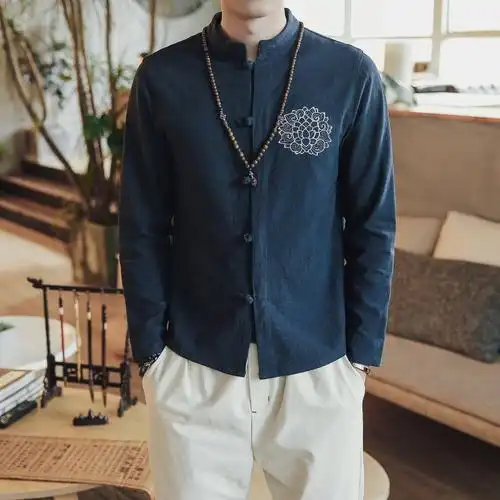 墨蜀中国风男装春季男士长袖衬衣复古修身刺绣民族风唐装衬衫男潮