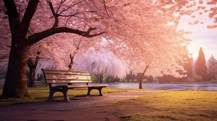 公园里盛开的樱花与长椅樱花飘落浪漫意境风景唯美壁纸