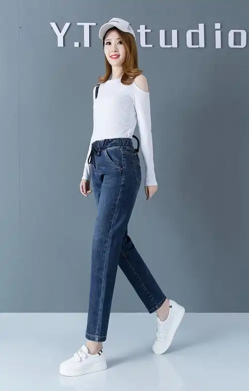 秋季新款牛仔裤女松紧绳腰头小直筒裤 哈伦裤宽松运动休闲