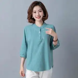 中老年女装夏装2021新品妈妈装七分袖宽松古风立领刺绣棉麻上衣女