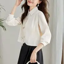 新中式改良旗袍衬衫女短款2024春秋装新款长袖国风盘扣上衣小个子
