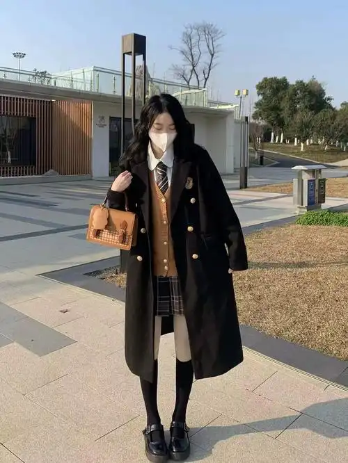 东大日系高校徽章双排扣呢子学院风外套实拍现货jk大衣中长款