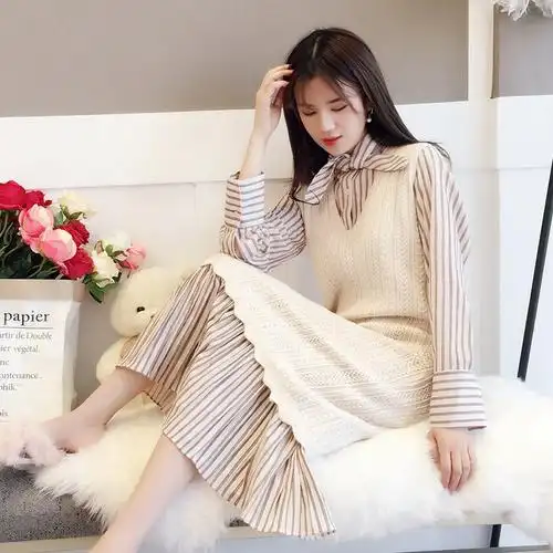 两件套韩版网红套装背心裙女连衣裙冬季秋装新款中长款毛衣裙秋季