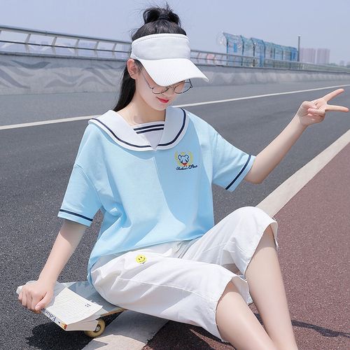 初中女生套装少女t恤海军领日系jk七分裤高中学生两件套2021夏季