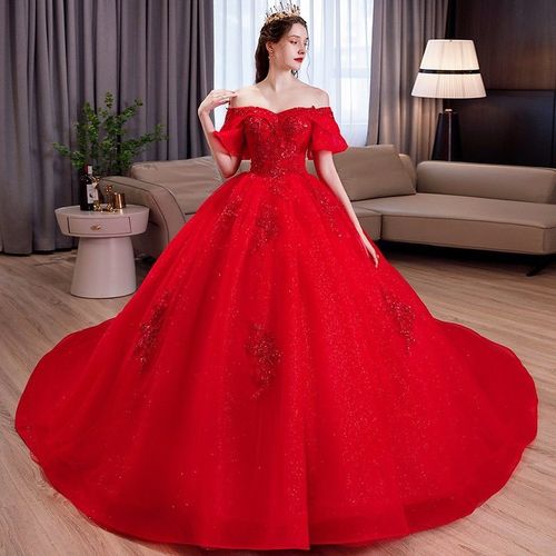 红色婚纱礼服新娘重工2022新款冬季气质一字肩拖尾出门纱女小个子