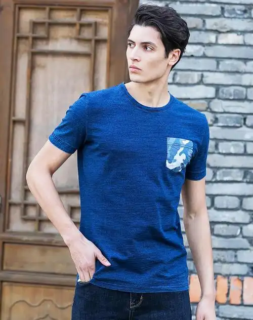 牛仔蓝纯棉舒适圆领短袖t恤