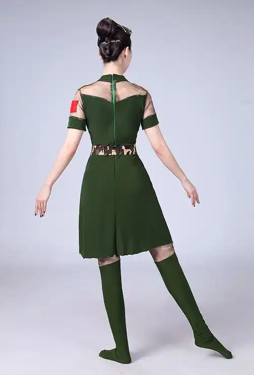 奔赴jun旅舞蹈演出服水兵服成人广场舞服装现代舞女兵演出氨纶 军绿色