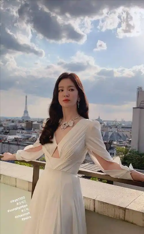 宋慧乔发布最新动态,长发盘起,儒风十足,蹲在花前,托着下巴微笑拍照