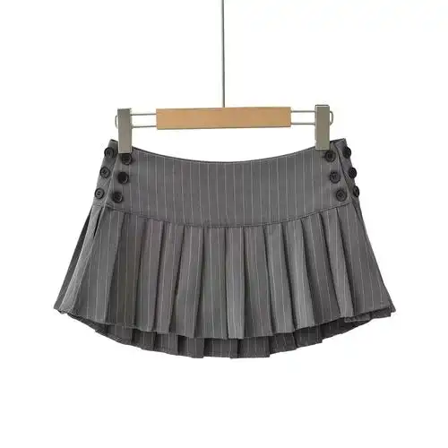 灰色细条纹百褶裙半身裙女秋冬欧美风辣妹低腰迷你短裙-阿里巴巴