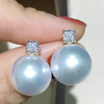 柒畔冷光澳白王妃耳钉天然海水南洋珍珠耳环18k金镶钻耳饰女正圆正圆