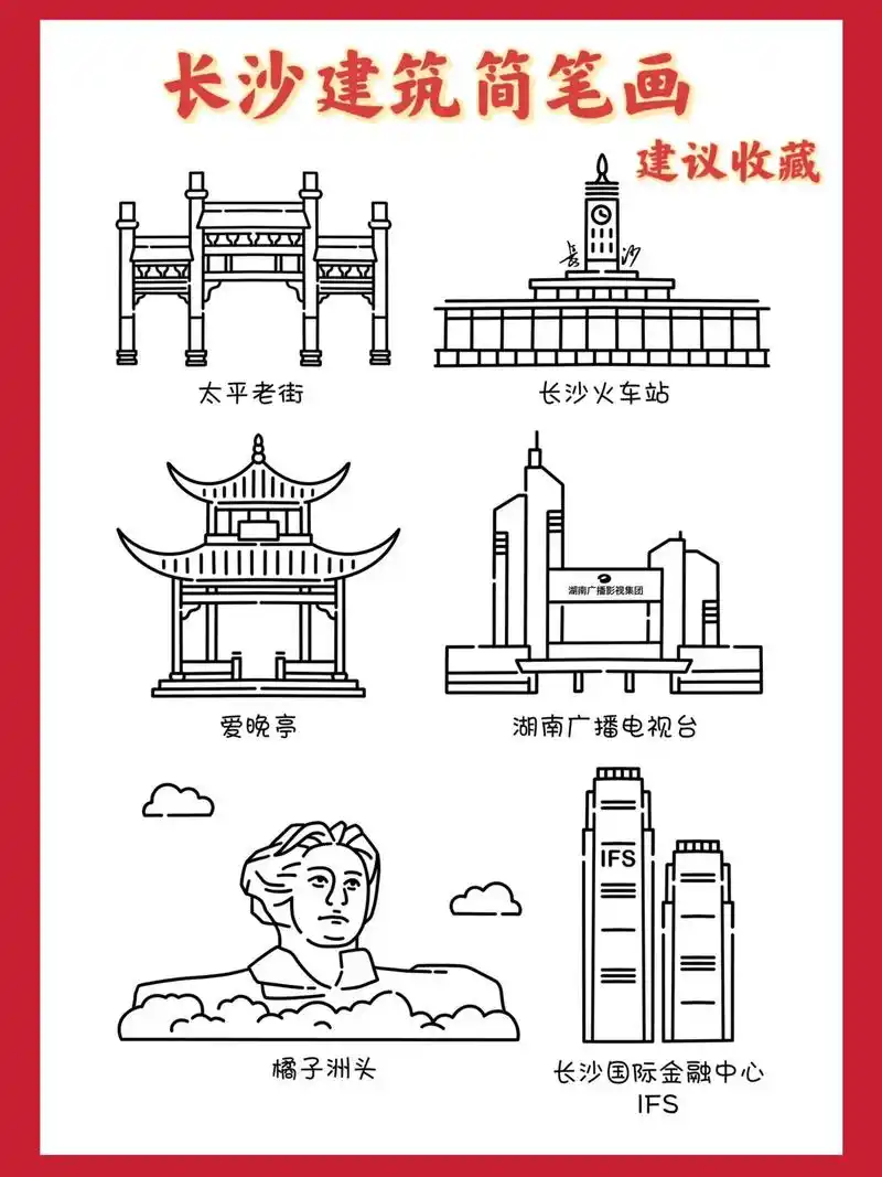 长沙建筑简笔画|橘子洲头简笔画|爱晚亭.ifs简笔画|湖南广 - 抖音