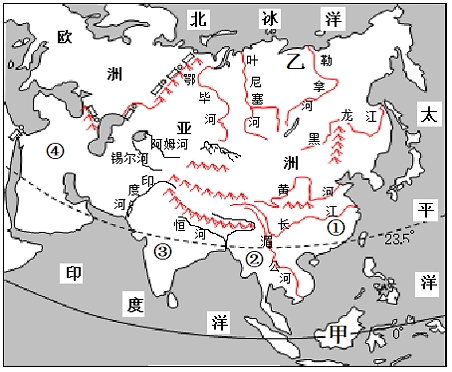 下图是"亚洲河流及主要山脉分布图".读图,完成下面小题.