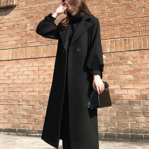 毛呢外套女200斤风衣女长款过膝宽松加厚高端黑色加里布l建议100120斤