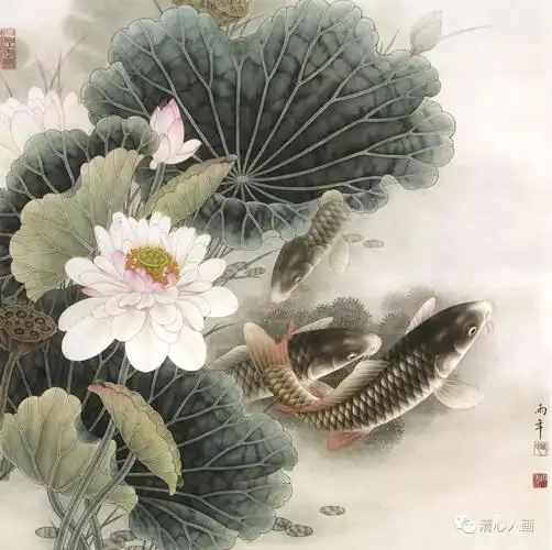 一组路雨年工笔,每一幅荷花鲤鱼都惊艳细腻