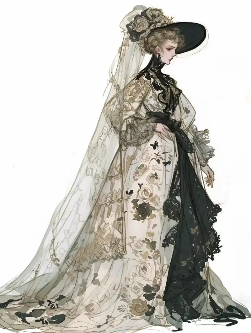 这款礼服裙子巧妙融合了爱德华时期的经典元素,展现出优雅贵妇人的