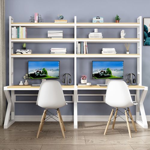 双人电脑书桌台式家用办公桌书架一体整墙简易学习桌子书柜写字台