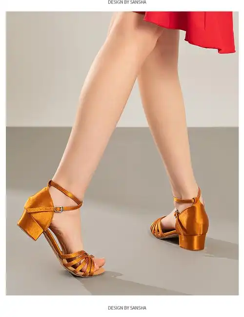 法国三沙儿童拉丁舞鞋交谊舞伦巴恰恰缎面低跟舞蹈鞋褐色26