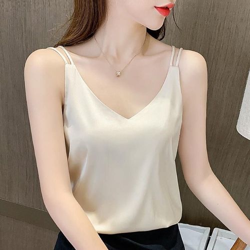仿真丝背心女内搭宽松打底外穿夏季网红时尚美背v领法式吊带上衣_婷婷