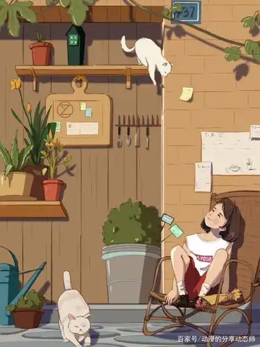 场景插画~午后阳光下的女孩与猫咪
