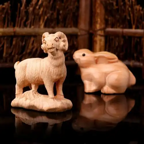 2020属猪龟荷递吉羊兔拱福桃木摆件生肖猪三合开运吉祥物羊兔递吉