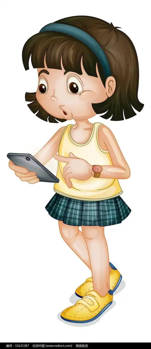 玩手机的短发女孩卡通人物图片