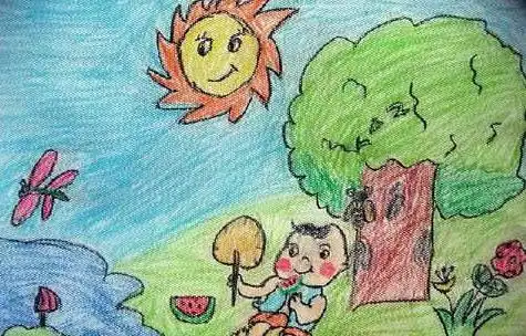 夏天儿童画作品欣赏-河边纳凉