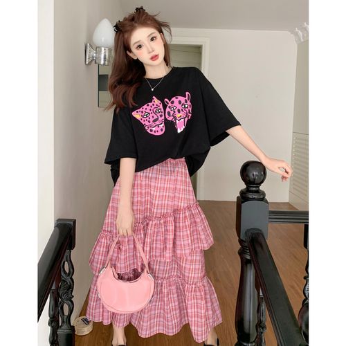 大码胖mm韩版甜美减龄短袖印花t恤宽松显瘦中长格子半身裙两件套