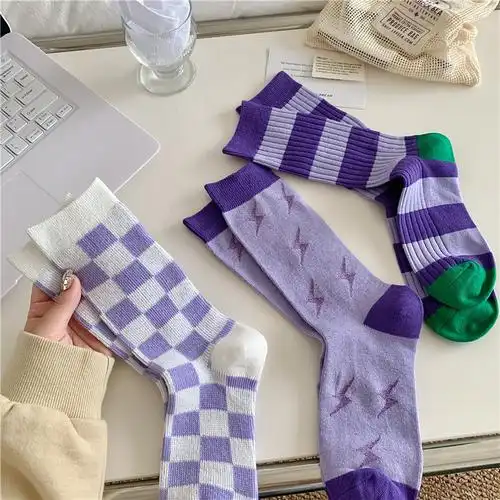 秋冬新款日系小方块女袜子彩色条纹堆堆袜ins网红潮撞色中筒棉袜