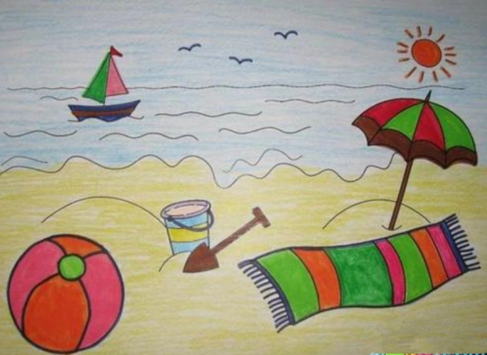 夏天的沙滩画简单又漂亮