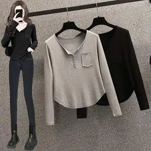上衣女春秋新款女装设计感小众胖mm休闲宽松打底内搭纯色长袖大码