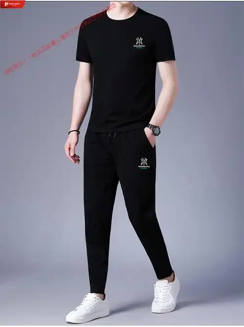 皮尔卡丹高档品牌桑蚕丝男士休闲套装夏季时尚潮流短袖t恤冰丝运动服
